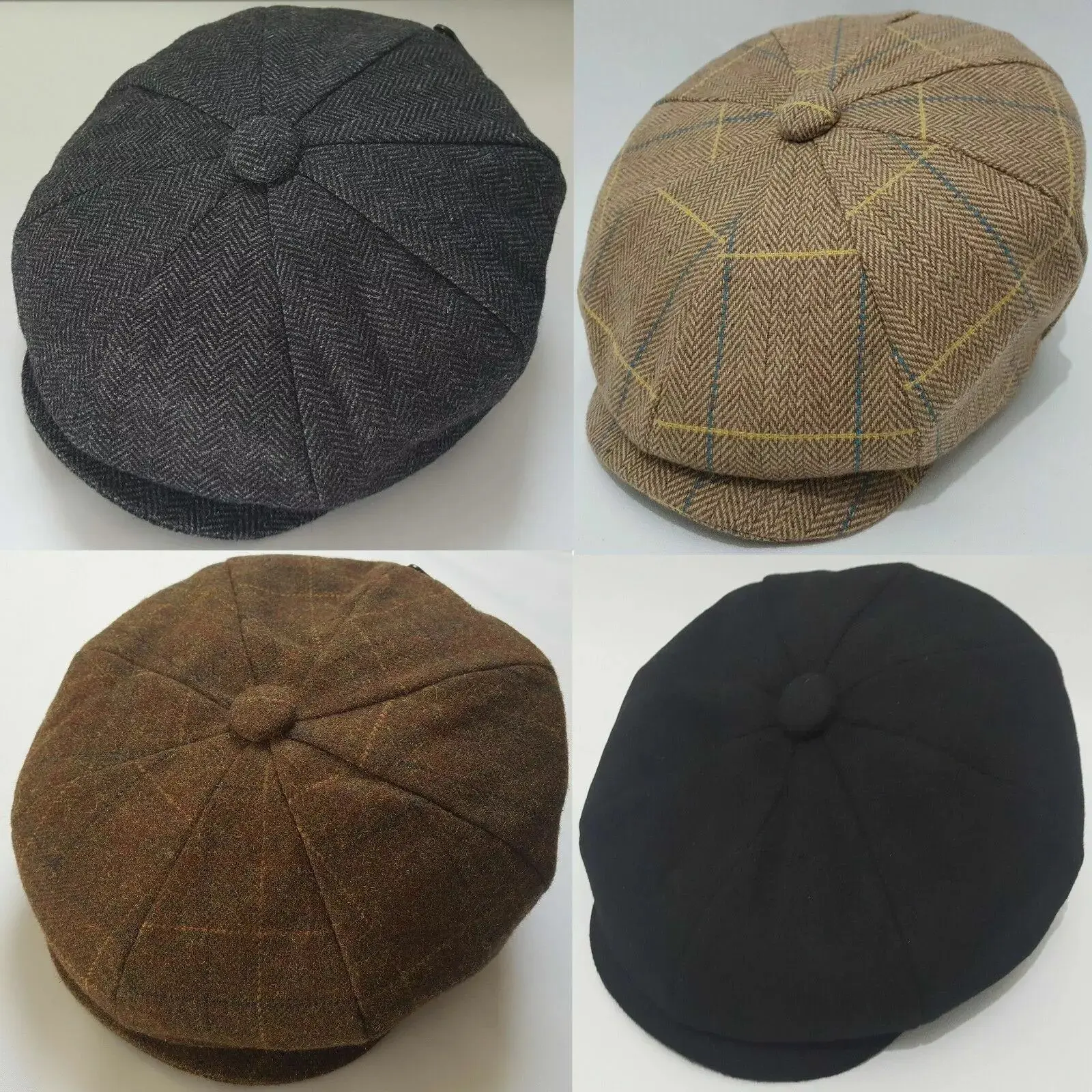 Mens Wool Blend Peaky Blinders Baker Boy Newsboy Cap, 8 Panel Design
