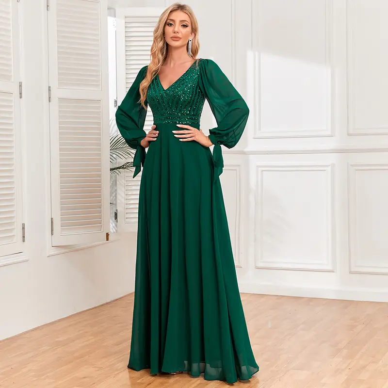 Product Introduction of New long-sleeved lace-up high-quality double V-neck bead splicing chiffon A-shaped large pendulum fully lined party evening dress 3