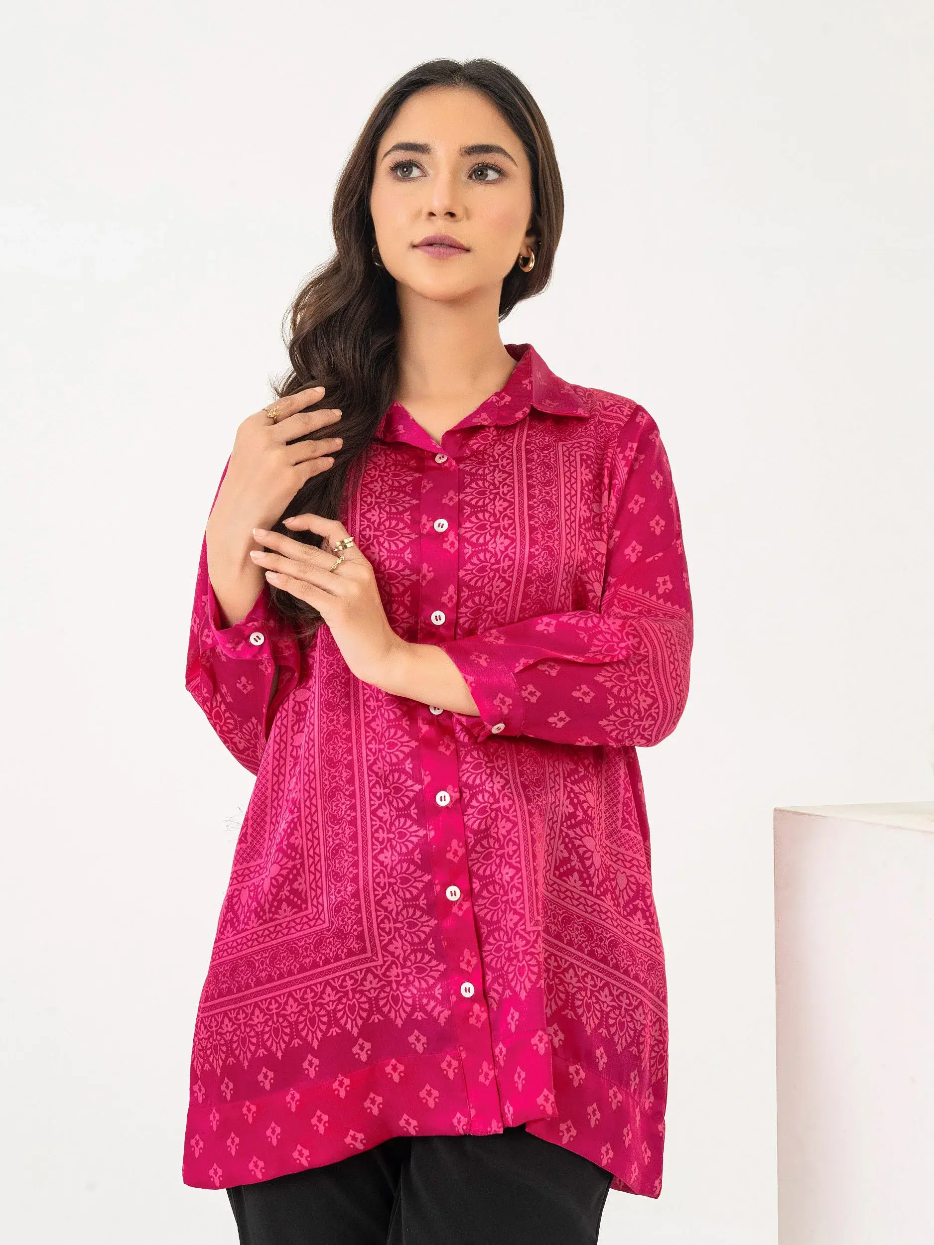 Women's Long Sleeve Front Buttoned Silk Red Shirt