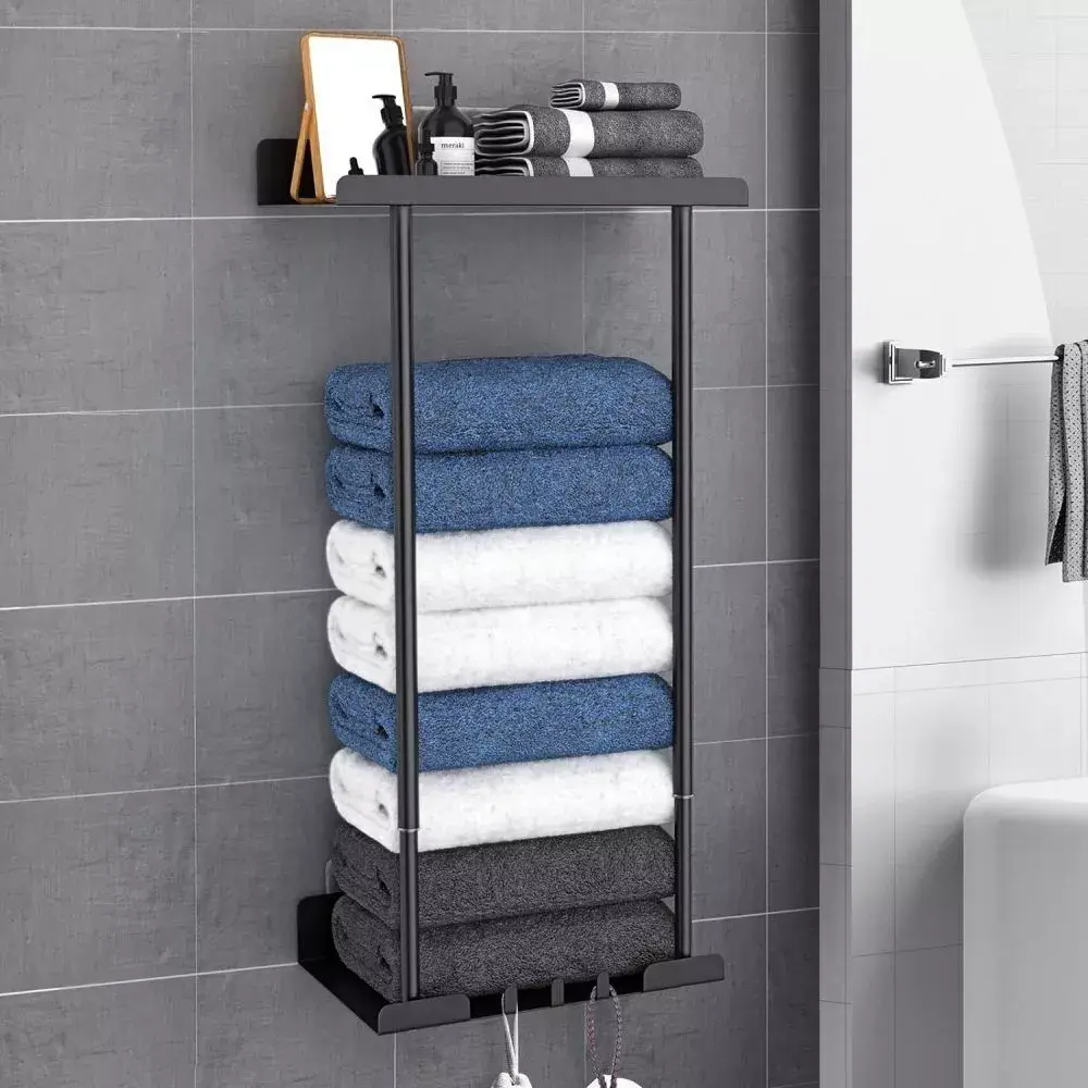 Towel Holder Rack Bathroom Storage Rack Wall Mounted Quality Black Finish NEW UK