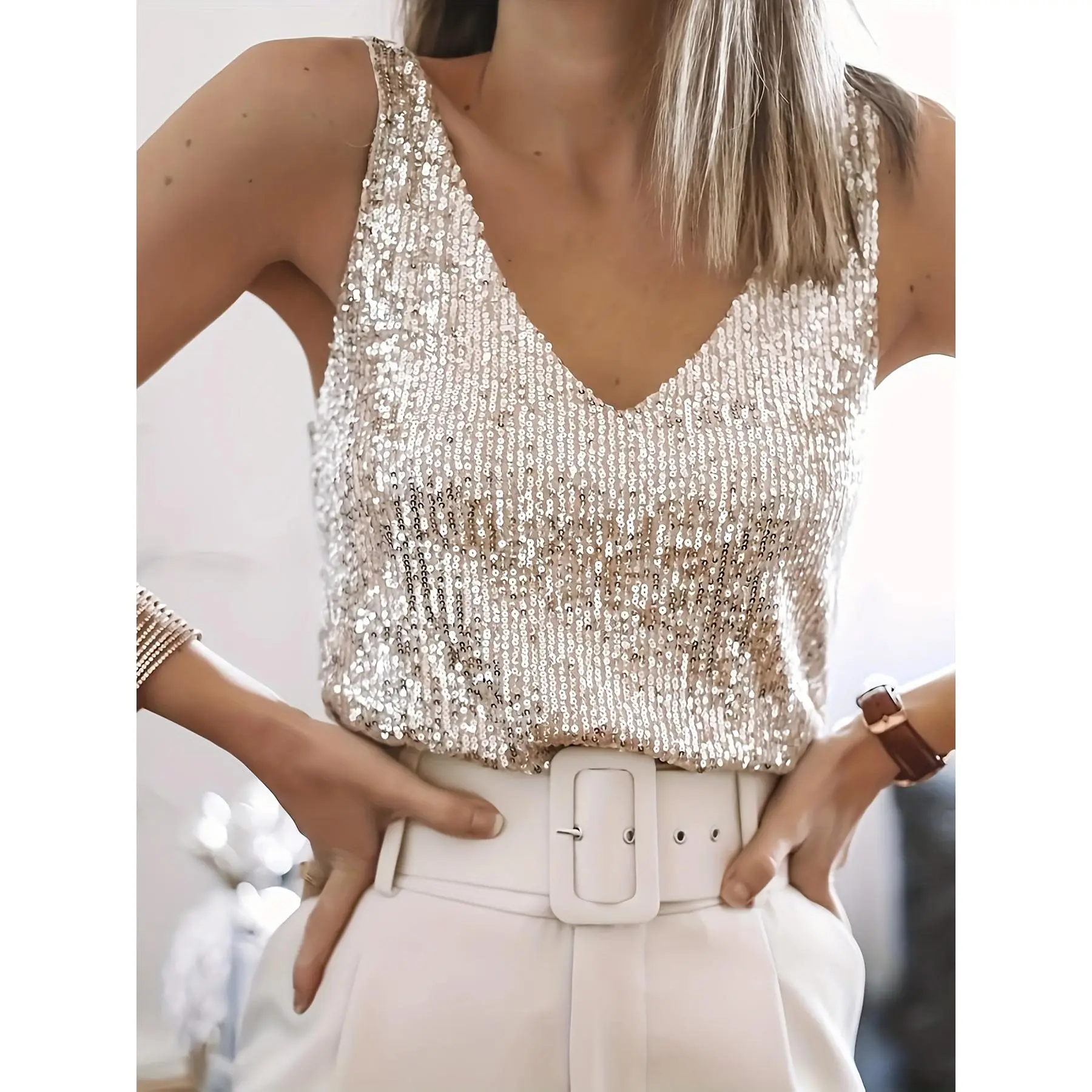 Sequined V Neck Tank Top, Elegant Sleeveless Tank Top For Spring & Summer, Women's Clothing