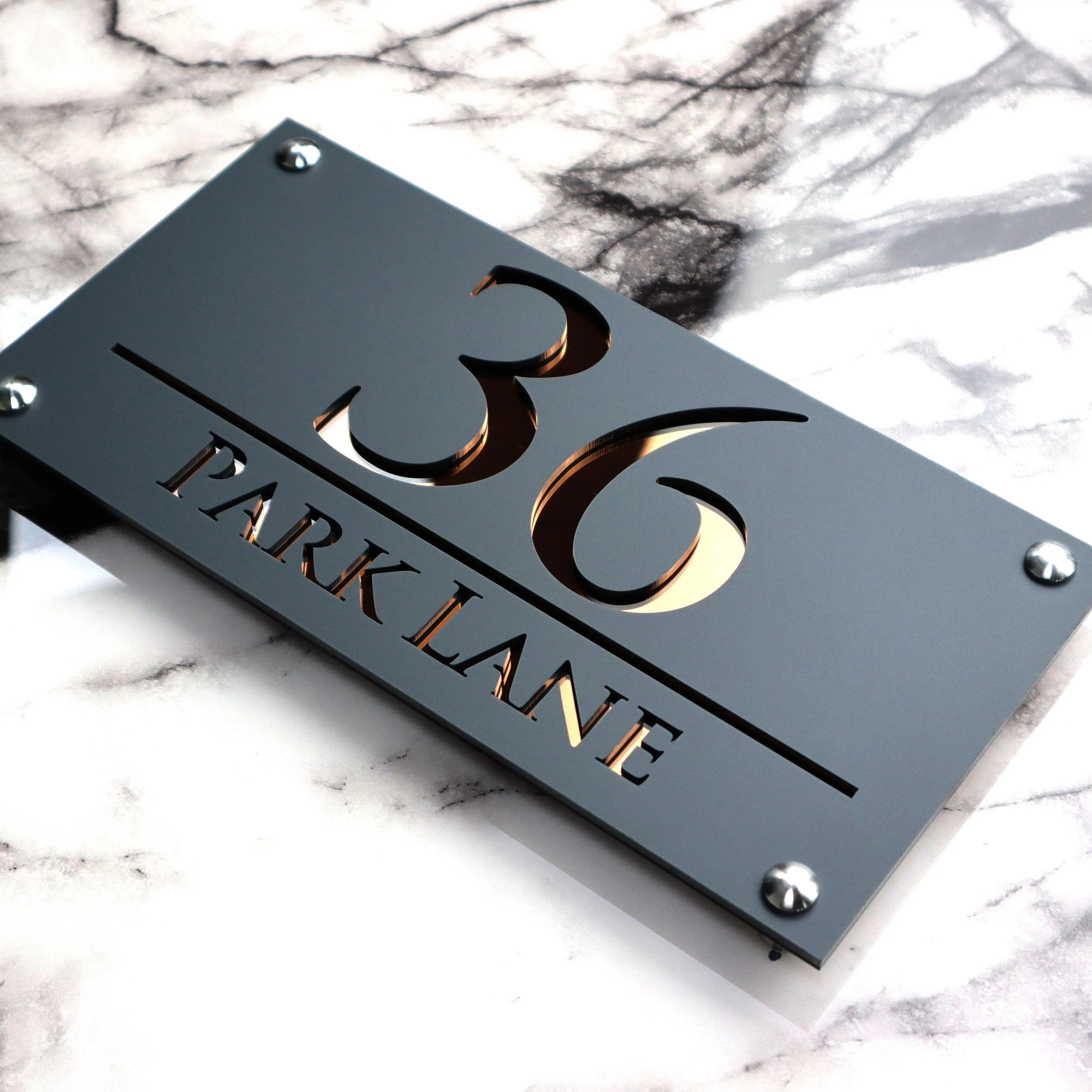 K Smart Sign | Matt Dark Grey Luxe Classic & Modern H3 A4 280mm x 140mm | Beautiful laser cut Acrylic Centralised Number house door signs numbers wall plaques with mirror or marble number  including all fittings and wall template matte Decor Box