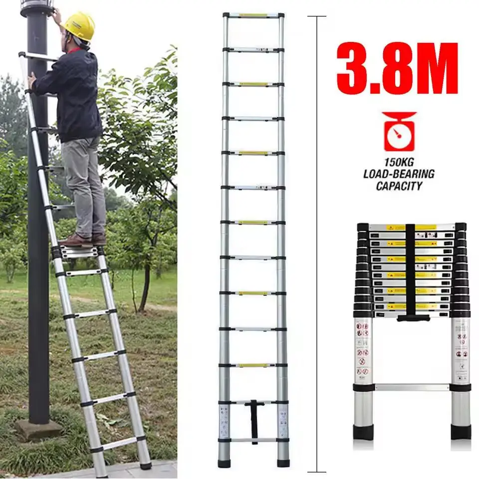 3.8M Telescopic Ladder 12.5FT Stainless Steel Extendable Sturdy Loft EN131 for Draw Wall Replace Bulb Repair Roof, Aluminium Folding Step Ladder, Non-slip, Extendible, Rungs, Lightweight,150kg Load Capacity storage trolley stair  treads telescopic  ladder