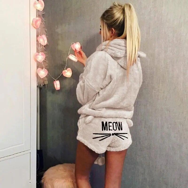 Women Coral Velvet Pajamas Set Autumn Winter Warm Pajamas Two Piece Set Sleepwear Cute Cat Meow Pattern Hoodies Shorts Set Loungewear Womenswear 7