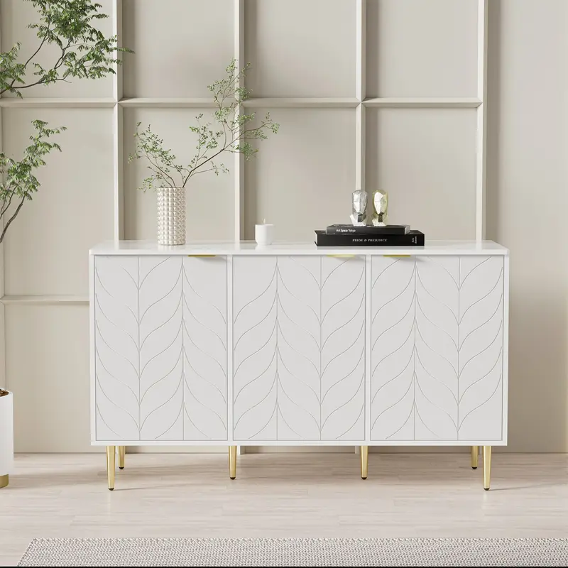 Modern dining room cabinet, gilded legs and handles, chest of drawers, lacquered, rounded corners, suitable for bedroom, living room and bathroom, 2 layers 6 compartments, 127W*45D*75H, white 0