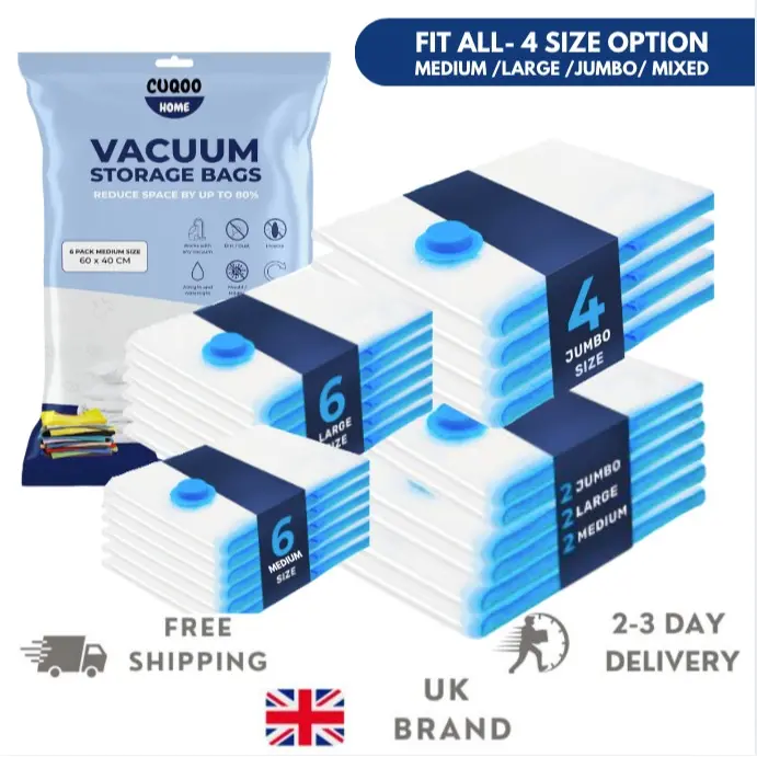 CUQOO Vacuum Storage Bags - 80% More Space - Extra Large Vacuum Bags for Clothes - Waterproof Clothes Storage Bag with Double-Zip Seal, Large Space Saving Plastic Compression Bags-Clothes Bedding Travel Home Duvet Air Bag Organiser, Bargain Set Multicolor