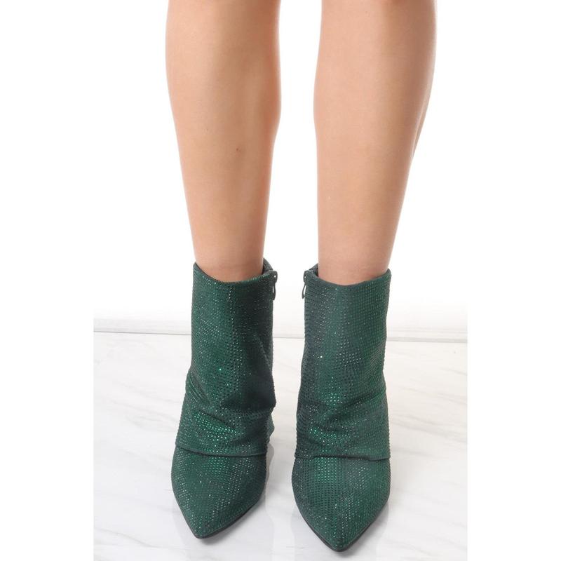 Green Diamante Fold Over Shark Ankle Boot 3