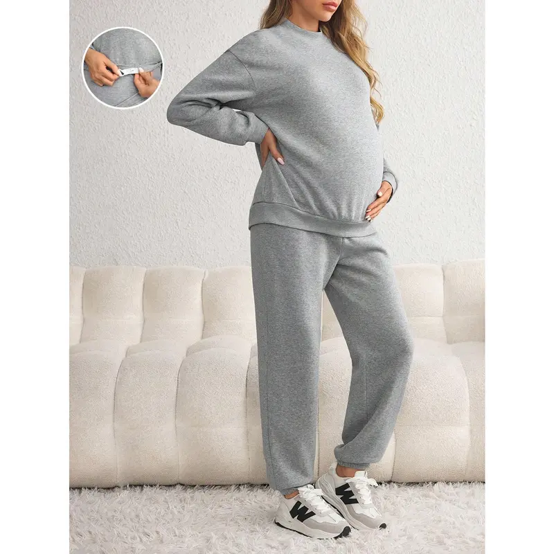 Maternity 2PCs set-long sleeve solid color sweatshirt & drawstring waist stretchy leggings, autumn/winter 2