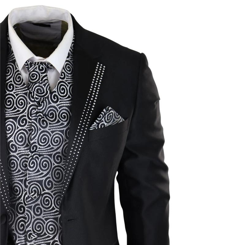 Men's Wedding 3 Piece Black Suit Silver Cravat Waistcoat Groom Bestman 3
