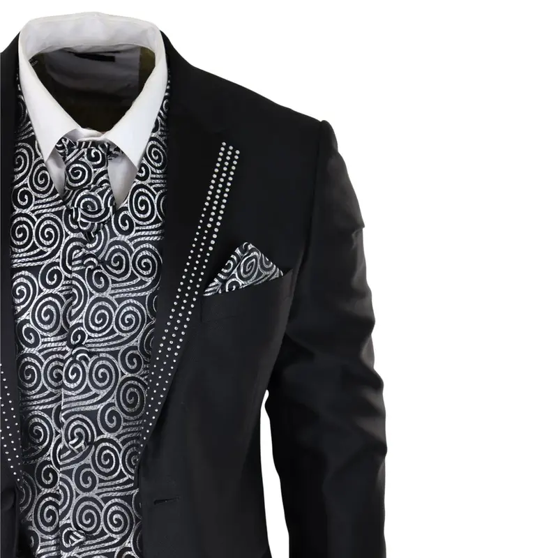 Men's Wedding 3 Piece Black Suit Silver Cravat Waistcoat Groom Bestman 3