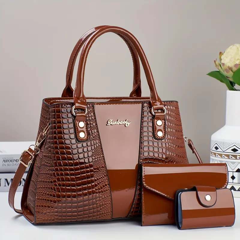 3pcs PU handbag, elegant and fashionable handbag with coin purse and card holder, multi-functional and large-capacity messenger bag, fashion design, new crocodile pattern bag, ladies' one-shoulder diagonal handbag. 4