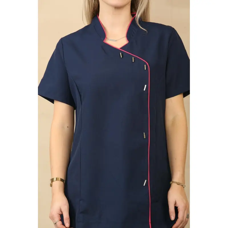 LIZZIE JACOBS Beauty Tunic Hairdressing Spa Massage Therapist Health Work Nail Salon Uniform Beautician Tunic Women Work Wear Short Sleeve Ladies Top (Navy With Pink Trim, 14) 1
