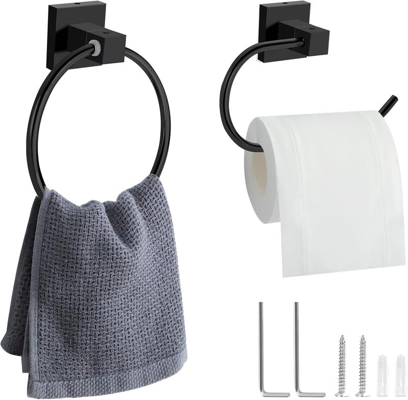 Product Introduction of 2 Packs Toilet Roll Holder, Black Toilet Paper Holder Towel Ring Stainless Steel Wall Mounted Towel Holder Bathroom Accessories 0