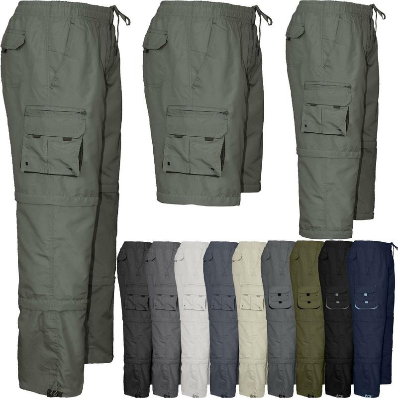 Mens 3 in 1 Trousers - Zip Off Shorts & 3/4 Long Shorts Combat Cargo Elasticated Pants Menswear Multi Pocket Camo Army Work Pants Lightweight 0