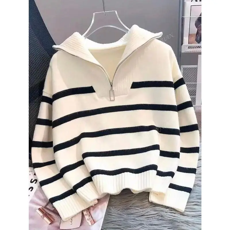New Autumn/Winter Women Striped Crew Neck All-Match Sweater, Fashionable & Simple Pullover Design