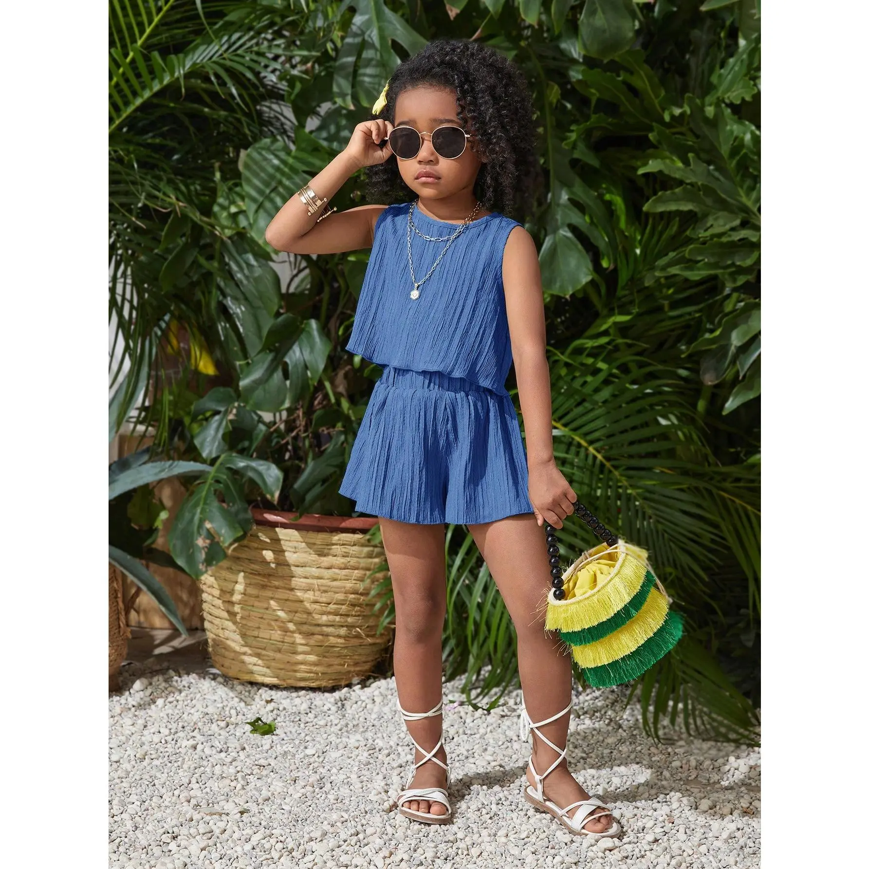 SLAYR KIDS 2pcs Young Girl's Solid Color Round Neck Vest And Loose Shorts Set