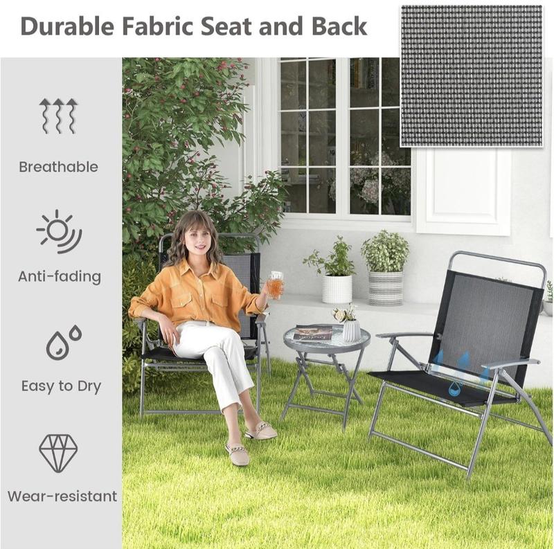 Product Introduction of 3PCS Patio Bistro Set, Garden Folding Chairs and Table Set with Ripple-like Glass Tabletop, Metal Frame Outdoor Dining Furniture Conversation Set for Balcony, Deck, Yard, Poolside 11