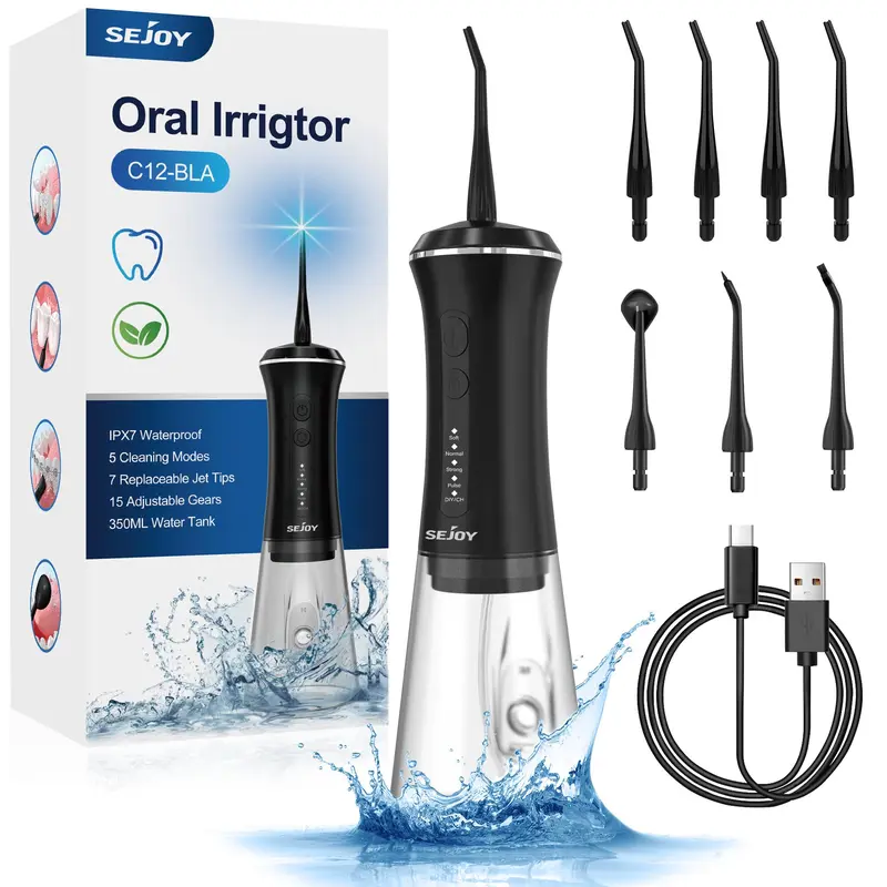 SEJOY C12 Dental Water Flosser Oral Irrigator USB Rechargeable Teeth Cleaner Portable 5 Modes IPX7 Mouth Washing Machine 6