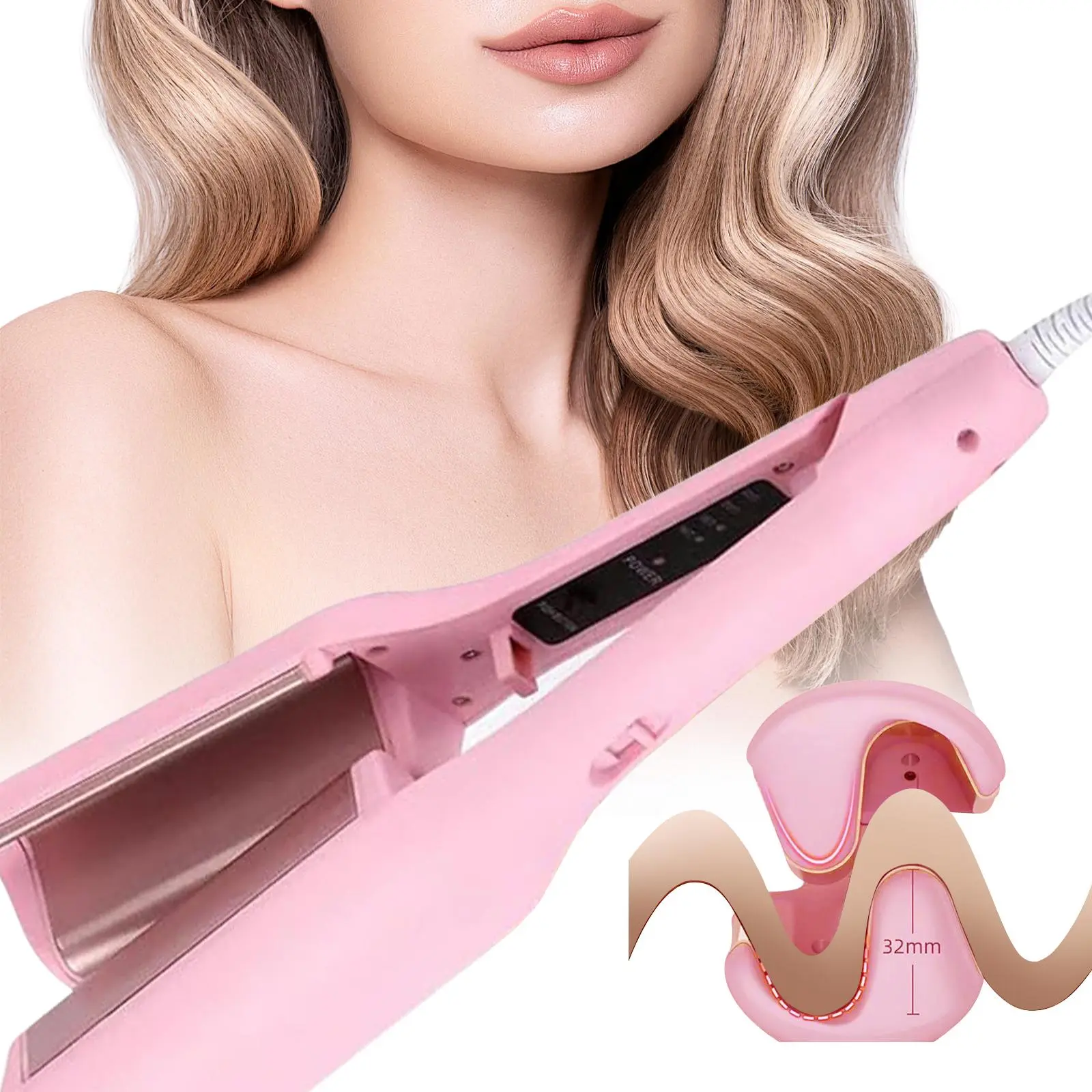French Wave Curling Iron, Egg-Roll Hairstyle Water Ripple V-Shaped, 4 Gears Temperature Fast Heating Ceramic Barrel, 32mm Mermaid Wave Wand for Long or Short Hair
