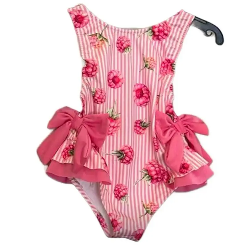 Ginger Ivy: RASPBERRY print SWIMSUIT kids swimwear pink stripe with pink bows and raspberry fruit patten (recommended to size up)
