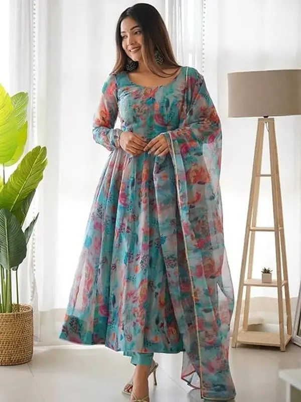 Multi Stains Digital Printed Pure Organza Anarkali Gown