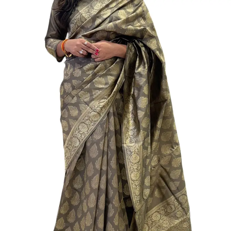 Fossil grey Katan Saree with Blouse for Women - Elegant Look Party Wear - Traditional Dress - Comfort, Clothes, Womenswear, Long Sleeve