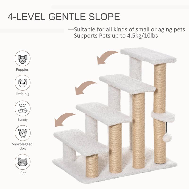 PawHut Pet Stair with 4-step Climb Ladder, Scratching Posts, Platforms, Toy Ball, for Indoor Elderly Cats Kittens, White 3