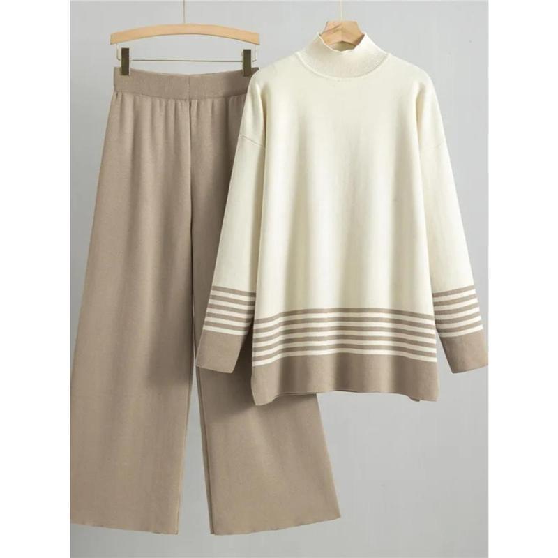 Muslim Knitting Suit Women Two Piece Sets Pullover Striped Sweater Knitted Wide Leg Pants Outfits Casual Knitwear Ensemble 2024 4