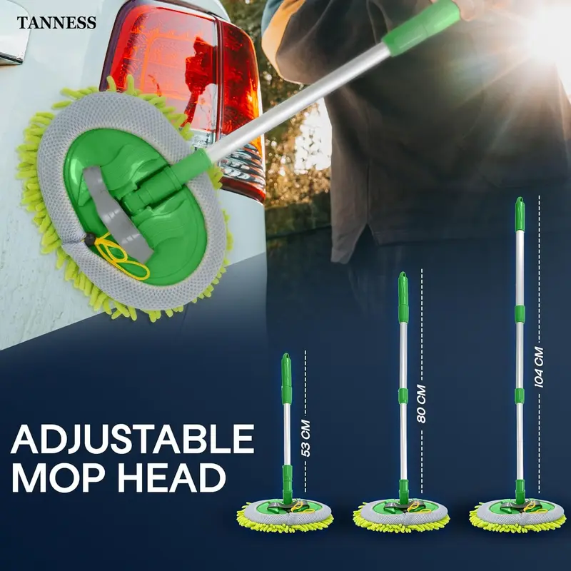 TANNESS Car Cleaning Brush | Microfibre Mop with Mittens | Car Wash Kit for Cleaning Van Truck Caravan | Scratch Free 2 x Mop Heads | 1 x Extendable Pole 60-106cm with 3 Sections Cleaning Products 5