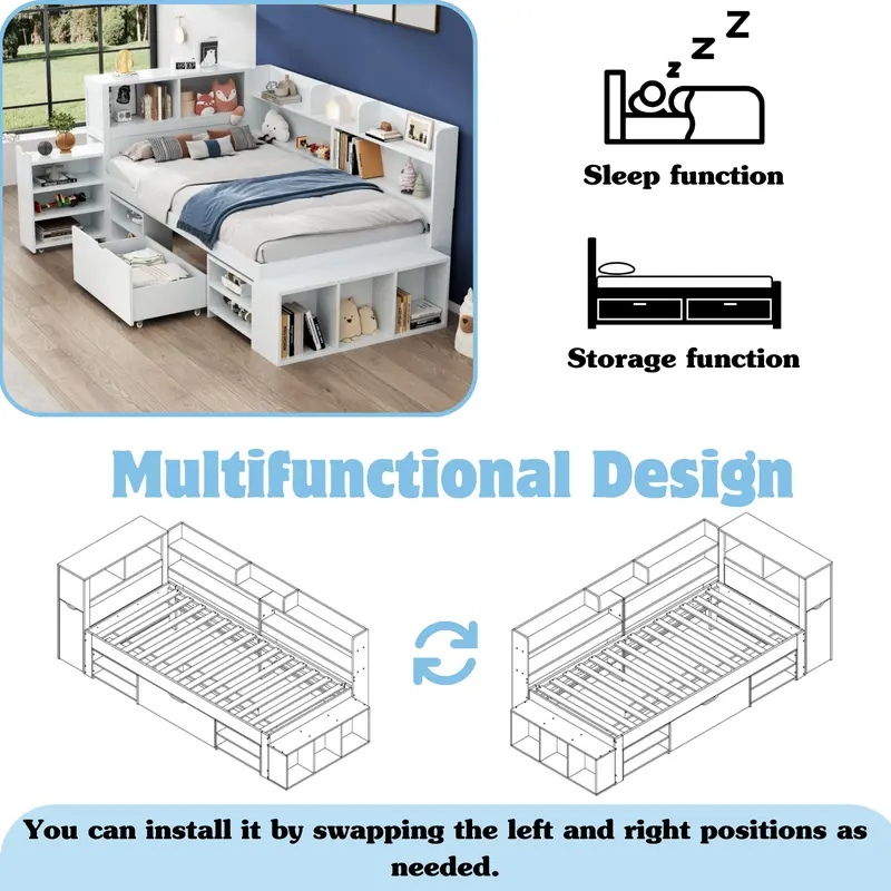 Children's bed, Single Bed-3ft(90*190cm), single bed, multifunctional children's bed with drawers, bookcase and storage cupboard, large storage space, slatted frame, without mattress, white 4