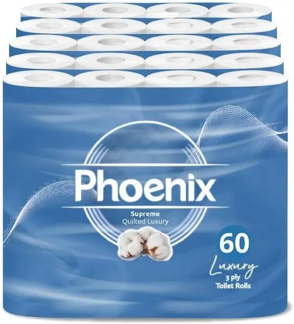 60 Phoenix Soft Supreme Luxury Toilet Rolls Bulk Buy - Quilted White 3 Ply Toilet Paper - Pack of 60 Toilet Tissue (12 x 5 Packs) - Toilet Rolls - Toilet Tissue - Loo Rolls - Eco Friendly Toilet Paper Wipes Sheets