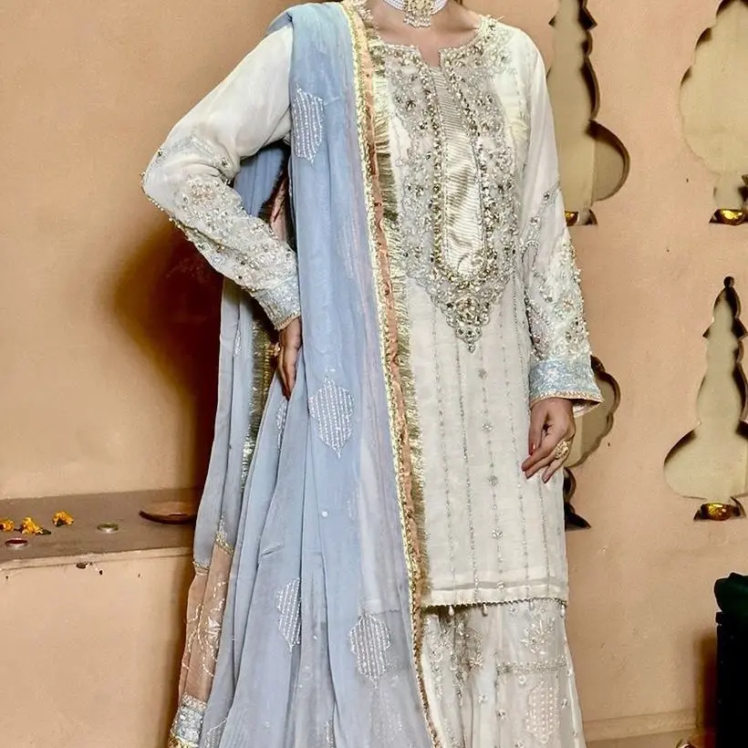 Ivory Embroidered Formal Suit with Blue and Peach Dupatta