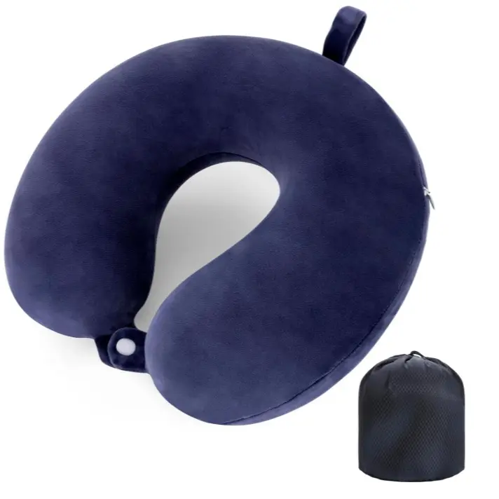 Memory Foam Travel Pillow Neck Support Cushion for Airplane Train Car Office - Navy Blue