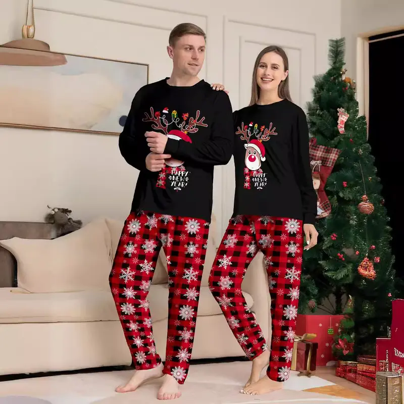 Women Men New Year's Costumes Cartoon Elk Print Christmas Parent-child Matching Pajamas Set Boys Girls Sleepwear Xmas Family Look Pjs Couples Set 2