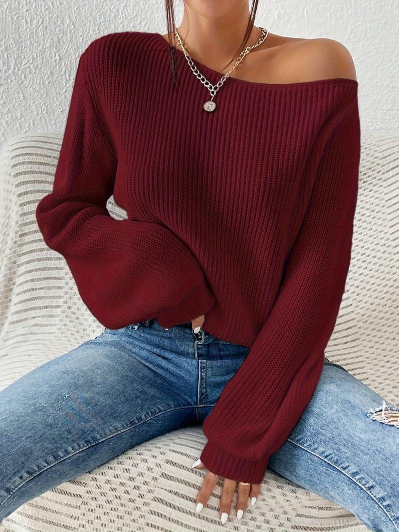 Product Introduction of 1pc Elegant Asymmetrical Neck Acrylic Knit Sweater for Women - Solid Color Off-Shoulder Pullover for Spring/Fall Knitwear Womenswear 12