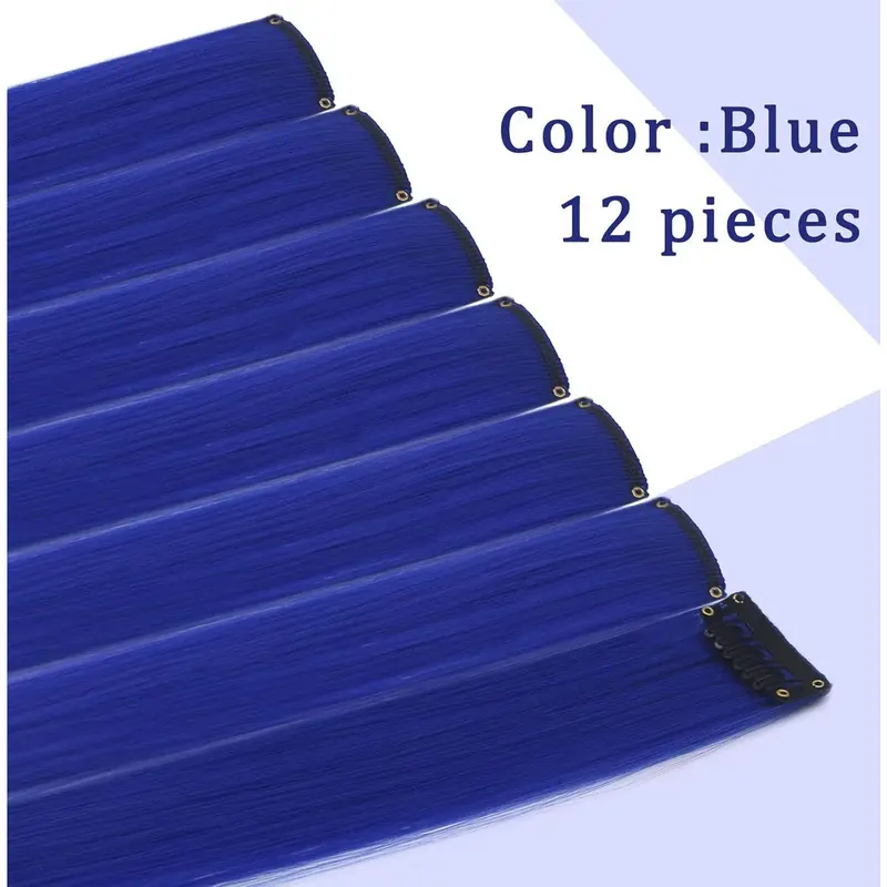 12Pcs Blue Hair Extensions Clip in Girls,21 Inch Heat-Resistant Synthetic Straight Blue Hair Accessories for Women Girls Gift Party Highlights Blue Hairpiece (Blue) 1