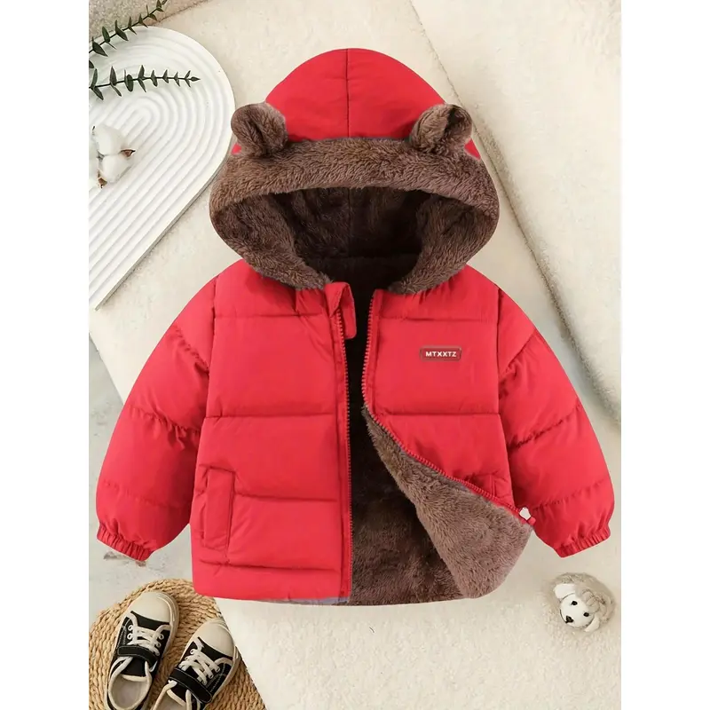Youngsters' Reversible Fleece-Lined Hooded Jacket - Warm, Windproof Winter Coat for Boys & Girls, Casual Solid Color with Zip Detail 4