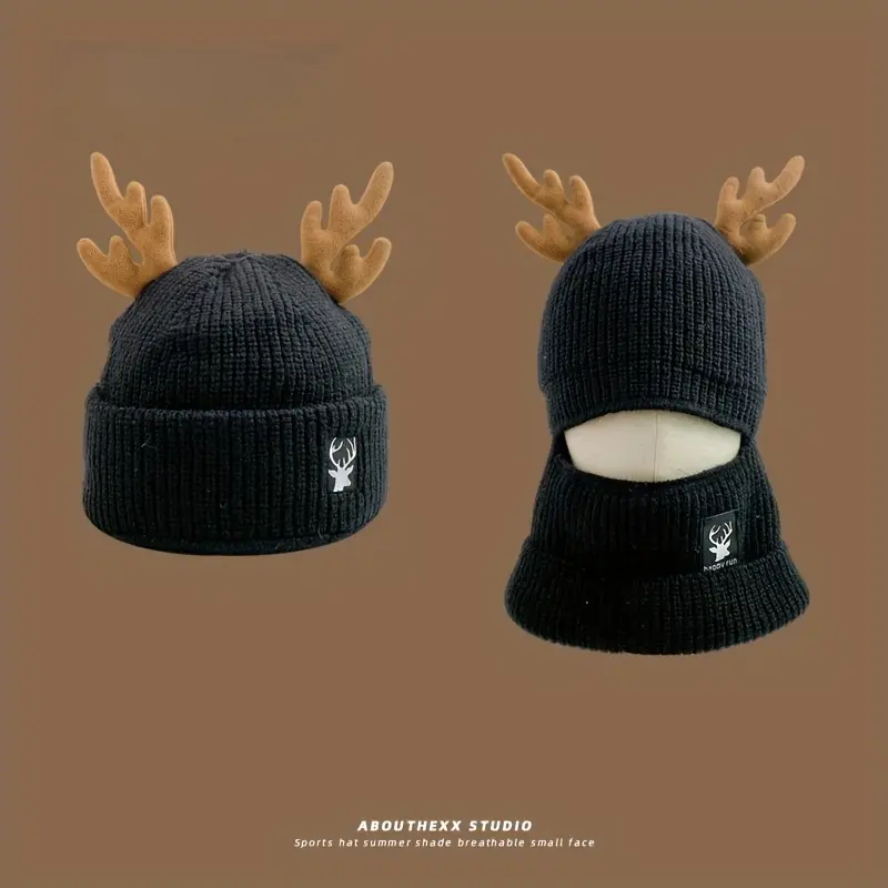 Red Reindeer Antler Beanie with Integrated Scarf, Acrylic Knit Winter Hat, Thick Warm Ear Warmer, Elastic, with Hand Wash Only, for Fall/Winter Season 1