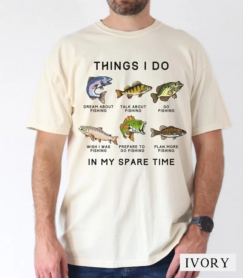 Humorous Fishing T-Shirt, Things I Do in My Spare Time Design with Fish Graphics, Comfort Colors Gift for Fisherman, Dad, Grandpa, Boy, Men Sync-Product Crewneck Casual Cotton Menswear