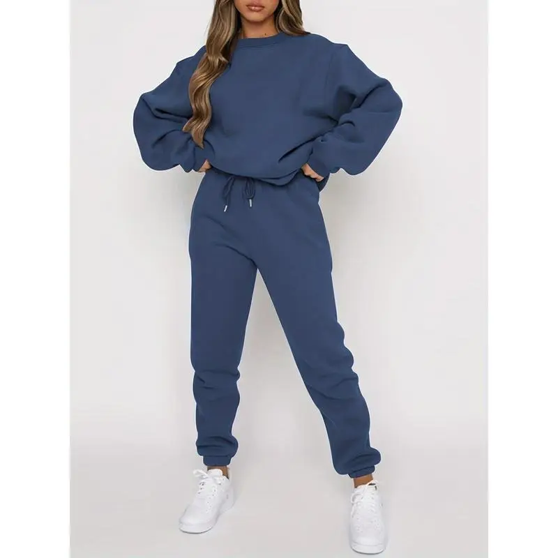 Two-Piece Solid Color Crew Neck Long Sleeve Top and Drawstring Jogger Pants Set - Soft Micro Elasticity Polyester Fabric, Pocket Details, Casual Wear for All Seasons 2