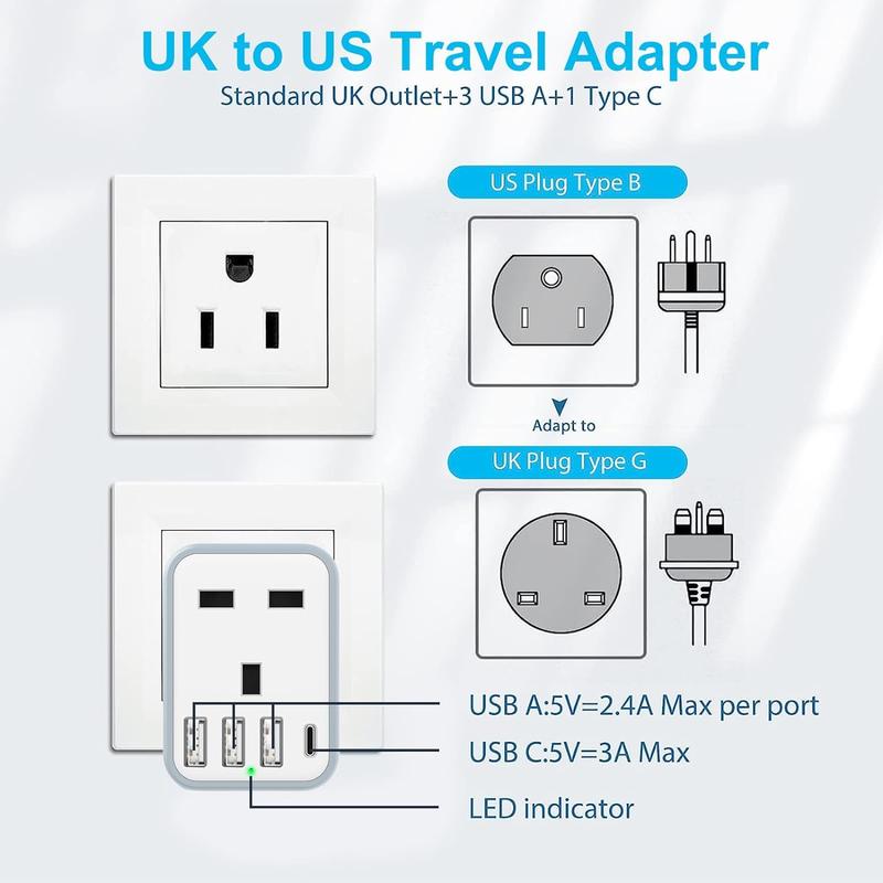 UK to US Plug Travel Adapter, USA Travel Adapter with 4 USB Ports (1 USB C Fast Charger) American to UK Plug Adapter for US Canada Mexico Thailand and More(Type B) Charging Devices Smartphone Cellphone Mobile charger Electronic 1