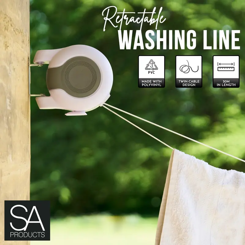 SA Products Wall Mounted Twin Cable Retractable Washing Line - 30m Long Clothes Line - Extendable Laundry Drying String Line Heavy-Duty Plastic & Polyvinyl - Ideal For Indoor & Outdoor Use - Black Accessories 7