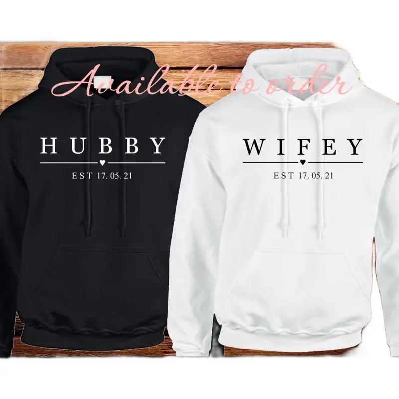 Personalised Hubby & Wifey Matching Hoodies - Valentines Gift for Couples - Sweatshirts, Menswear  Tops Love Pullover Long Sleeve Casual Black Fabric
