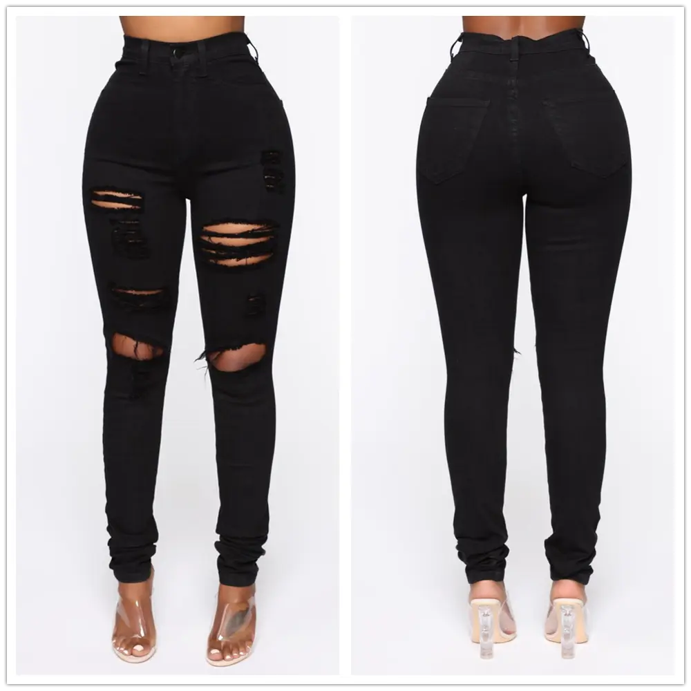 New Black Ripped Jeans For Women Fashion High Waist Denim Pencil Pants Stretch Slim Skinny Trousers