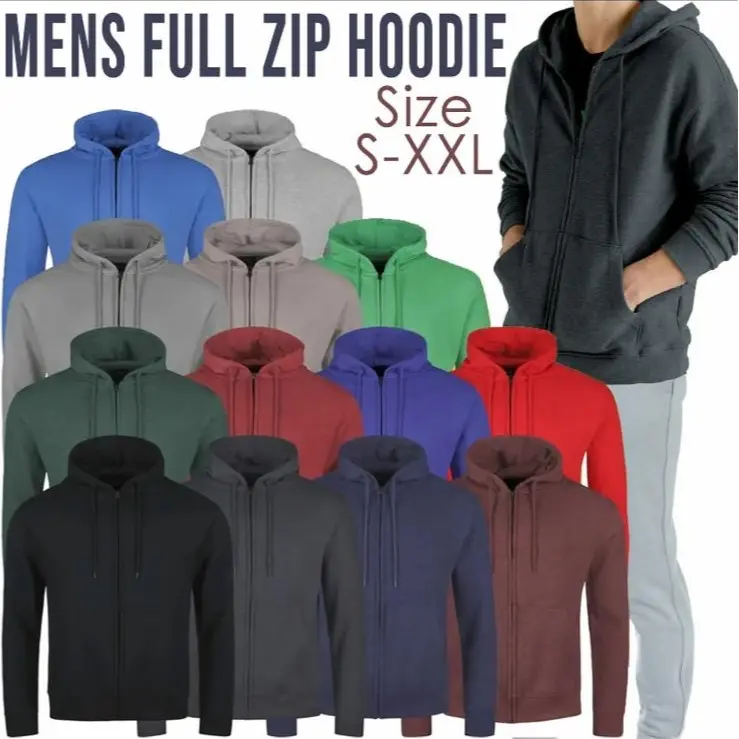 Men's New Plain Fleece Zip Up Zipper Sweatshirt Jacket Jumper Hoodie M-8XL Cotton Menswear