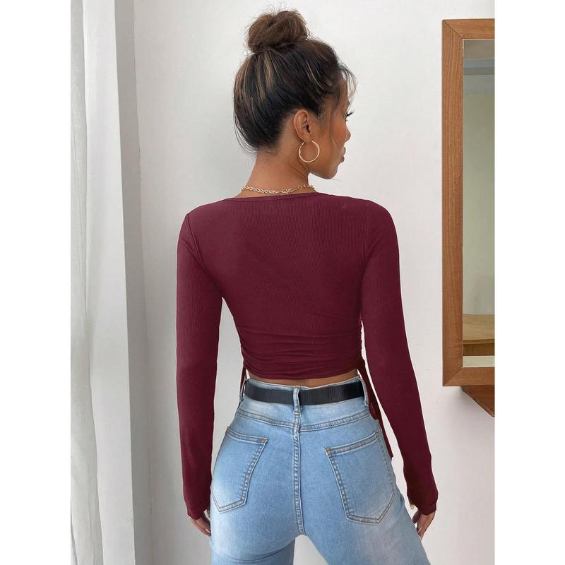 Surplice Neck Drawstring Side Crop Tee[S12] 1