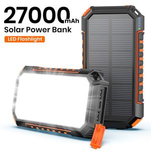 Solar Charger Power Bank 27000mAh, 15W Fast Charging, 3 Outputs, Built-in Ultra-Bright Camping Light, Solar Portable Charger for iPhone 15 14 13 12 11, Samsung S22 S21, Google, iPad & More