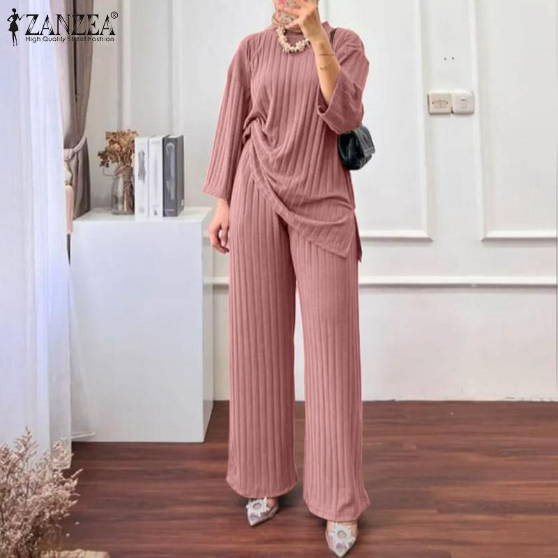 Product Introduction of Long Sleeve Blouse Wide Leg Pants Sets ZANZEA Women Matching Sets Solid Islamic Clothing Muslim Tracksuit Outifits 2PCS 7