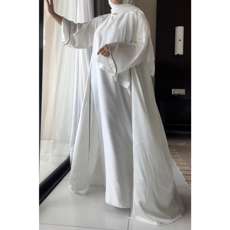 ELENA Abaya - White, 4pc Set with Silk Sleeve Open Jacket, Inner Short Sleeve Dress, Detachable Belt & Hijab 1
