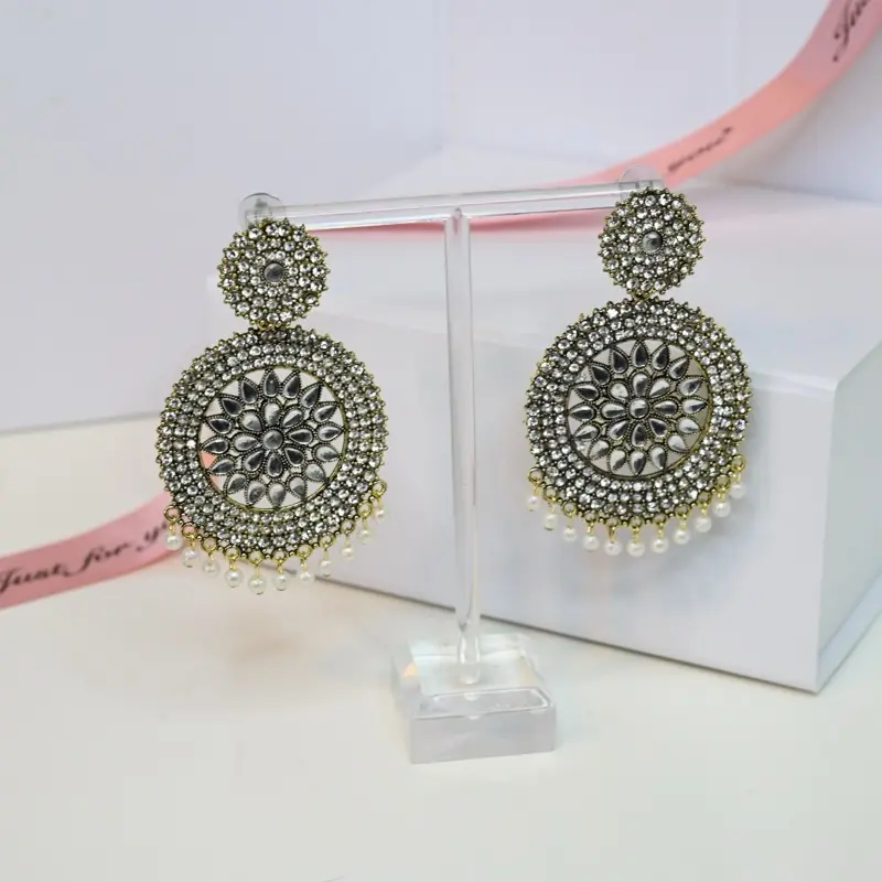 White Rhinestone Crystal Statement Earrings - Indian Chandbali Drop Earrings